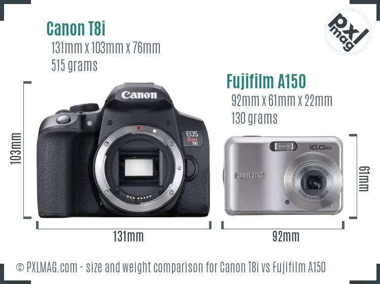 Canon T8i vs Fujifilm A150 size comparison