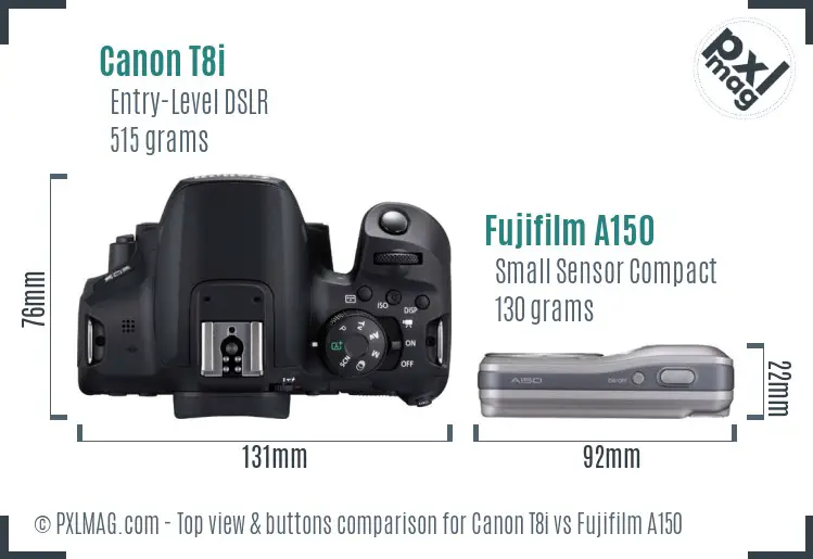 Canon T8i vs Fujifilm A150 top view buttons comparison