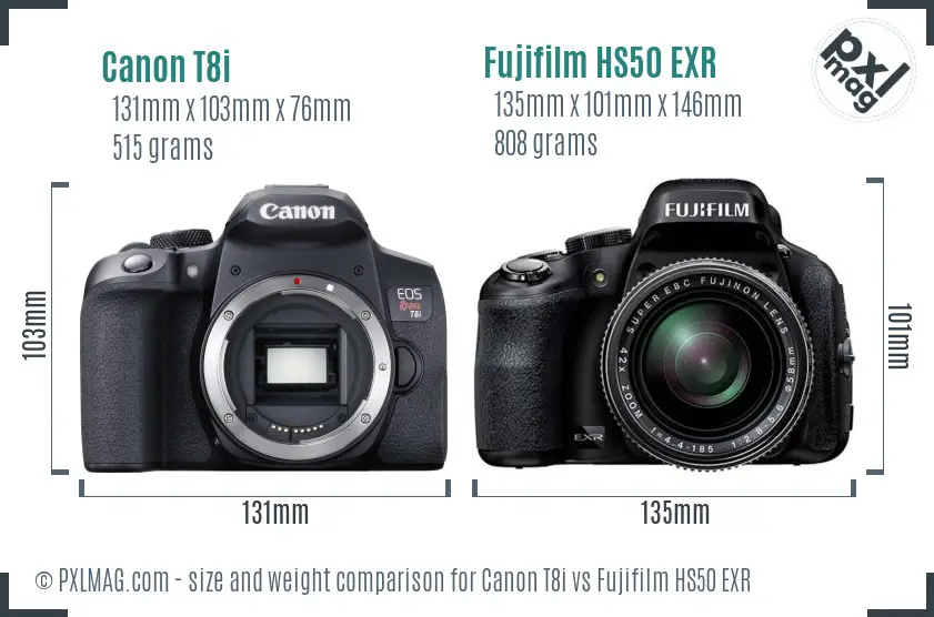 Canon T8i vs Fujifilm HS50 EXR size comparison
