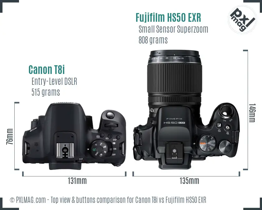 Canon T8i vs Fujifilm HS50 EXR top view buttons comparison
