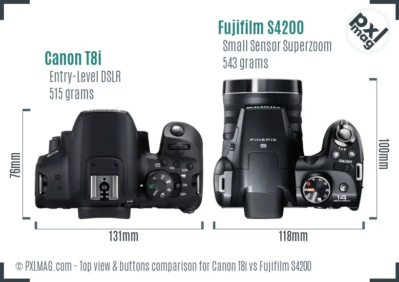 Canon T8i vs Fujifilm S4200 top view buttons comparison