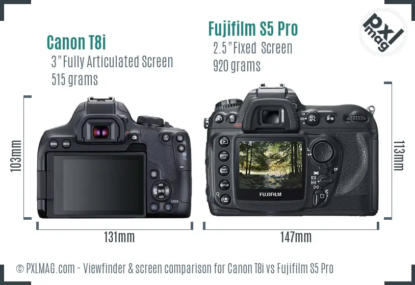 Canon T8i vs Fujifilm S5 Pro Screen and Viewfinder comparison