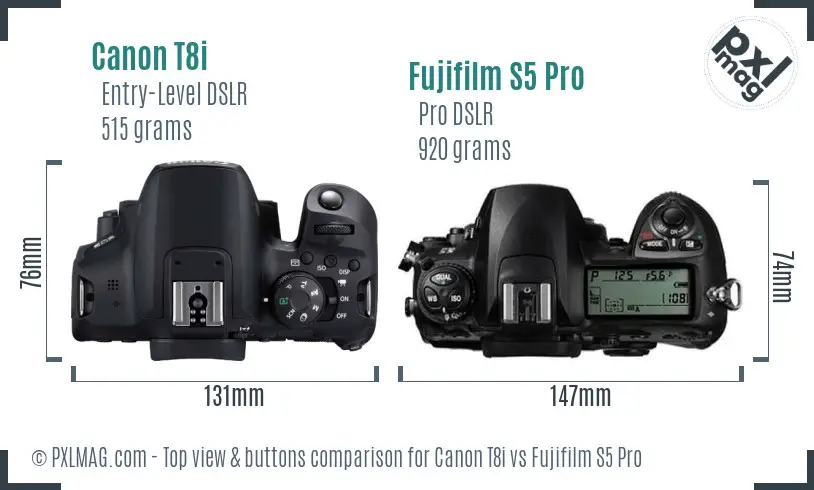 Canon T8i vs Fujifilm S5 Pro top view buttons comparison