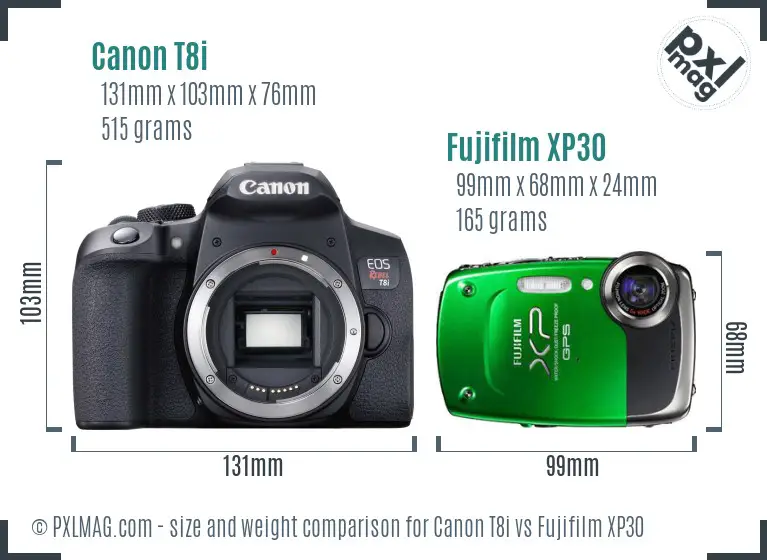 Canon T8i vs Fujifilm XP30 size comparison