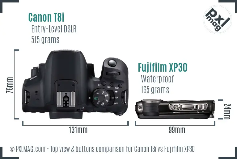 Canon T8i vs Fujifilm XP30 top view buttons comparison