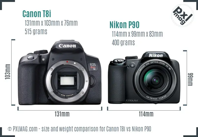 Canon T8i vs Nikon P90 size comparison