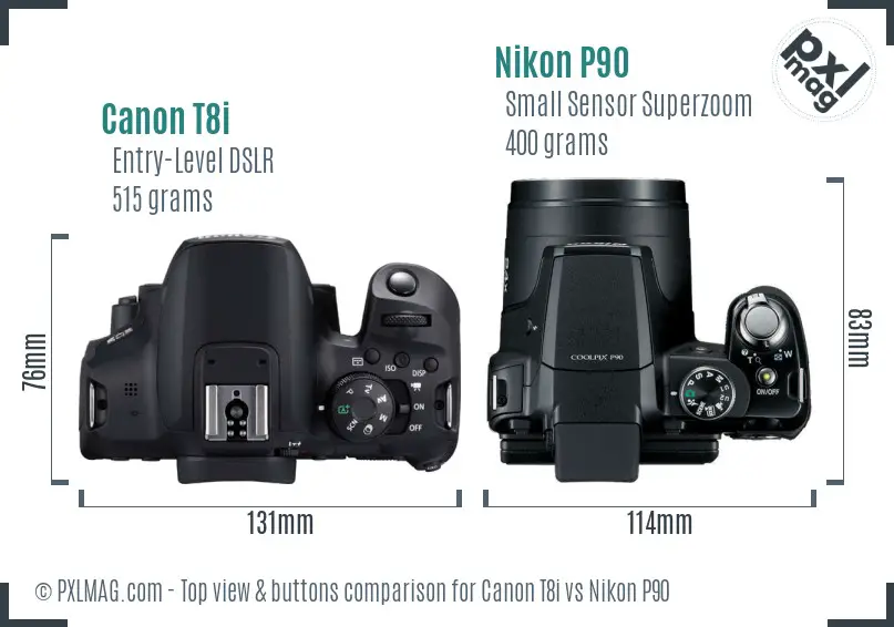 Canon T8i vs Nikon P90 top view buttons comparison