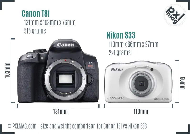 Canon T8i vs Nikon S33 size comparison
