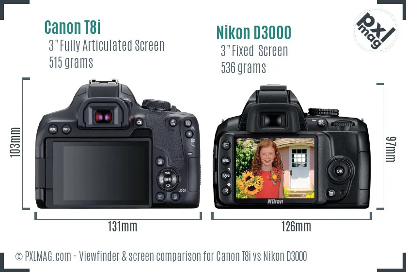 Canon T8i vs Nikon D3000 Screen and Viewfinder comparison