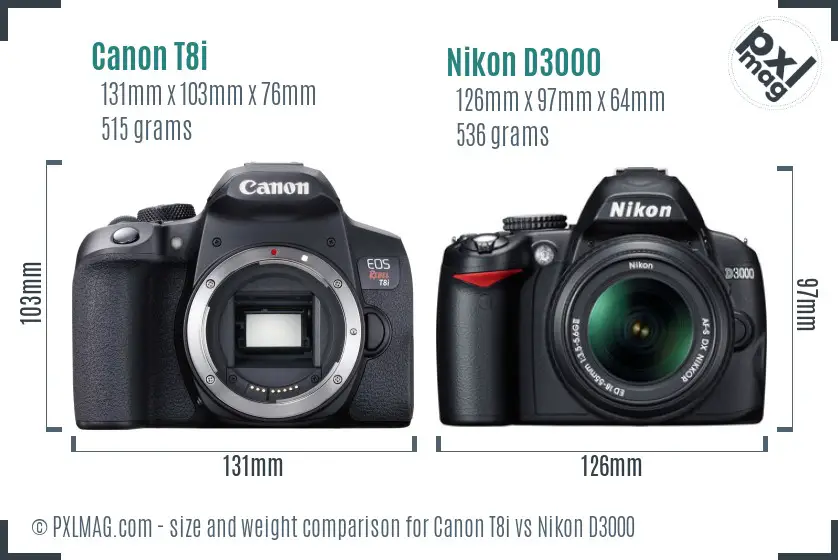 Canon T8i vs Nikon D3000 size comparison