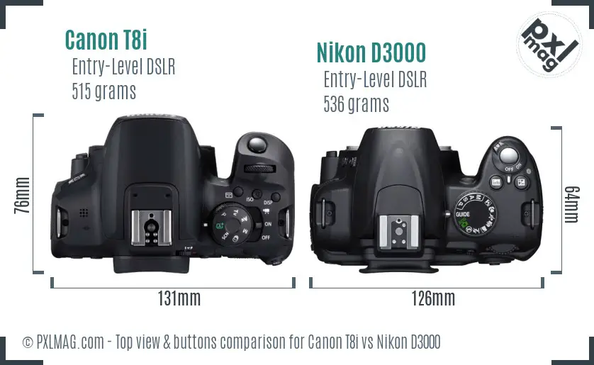 Canon T8i vs Nikon D3000 top view buttons comparison