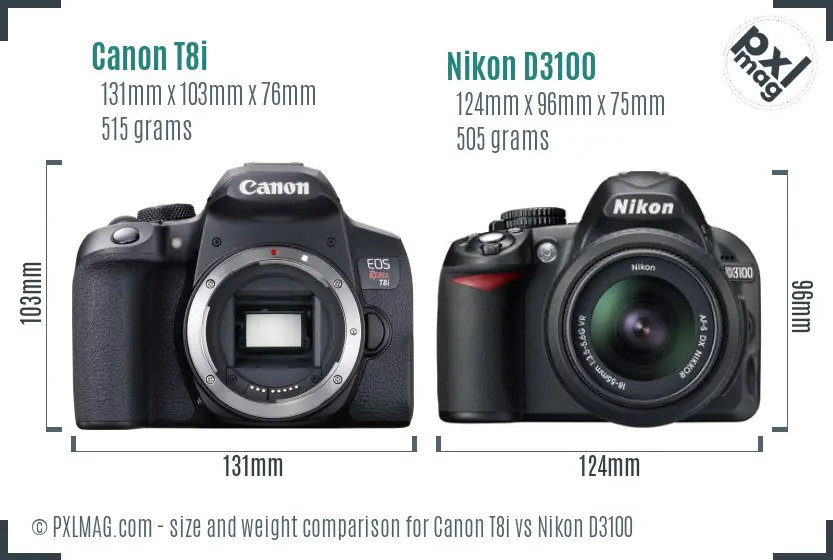 Canon T8i vs Nikon D3100 size comparison