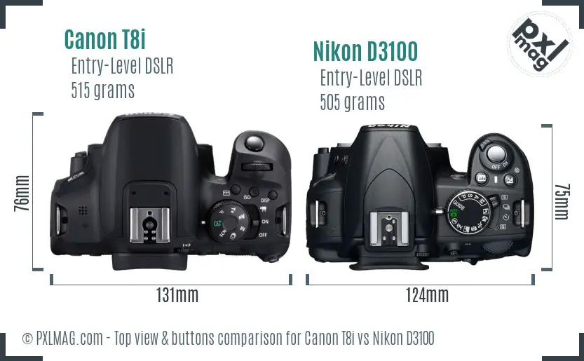 Canon T8i vs Nikon D3100 top view buttons comparison