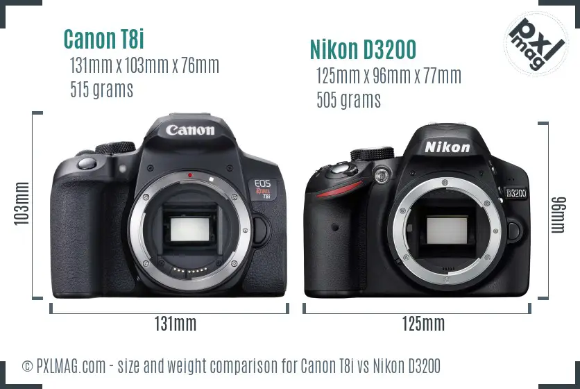 Canon T8i vs Nikon D3200 size comparison