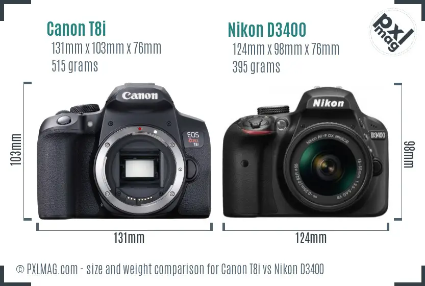 Canon T8i vs Nikon D3400 size comparison