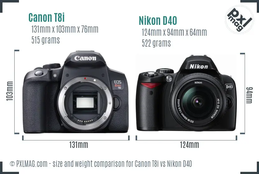 Canon T8i vs Nikon D40 size comparison
