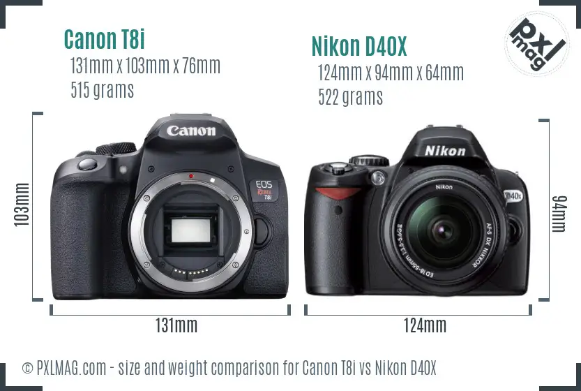 Canon T8i vs Nikon D40X size comparison