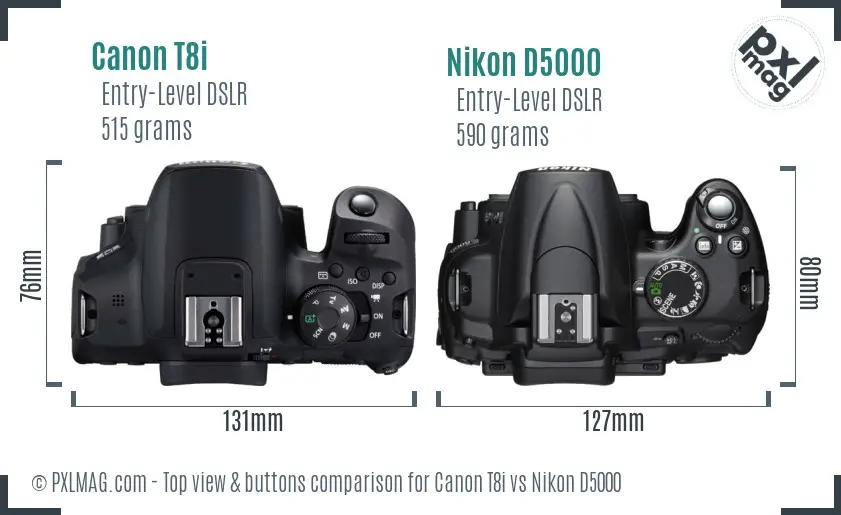 Canon T8i vs Nikon D5000 top view buttons comparison
