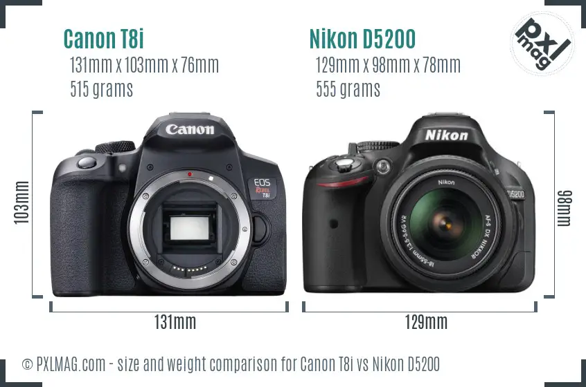 Canon T8i vs Nikon D5200 size comparison