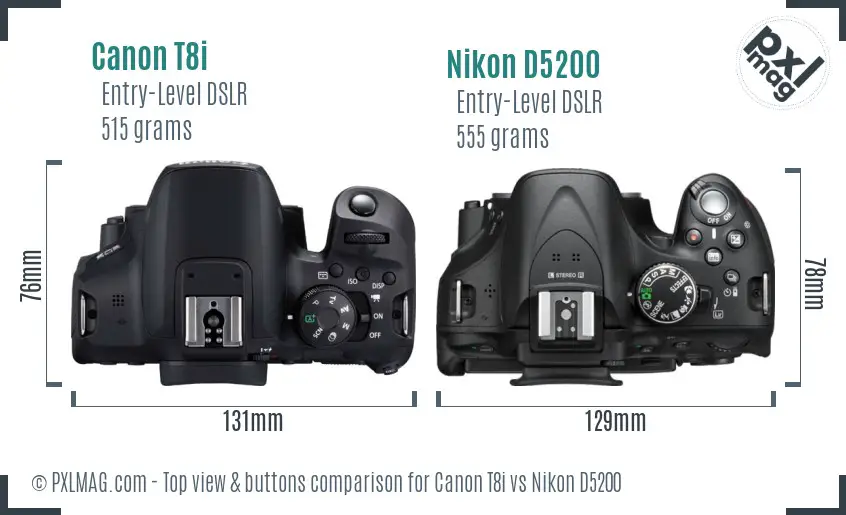 Canon T8i vs Nikon D5200 top view buttons comparison
