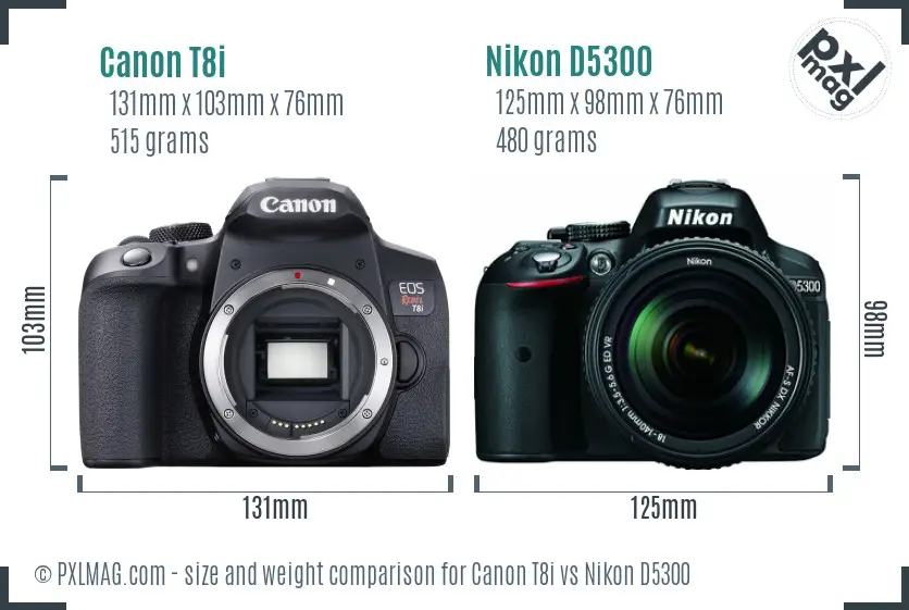 Canon T8i vs Nikon D5300 size comparison