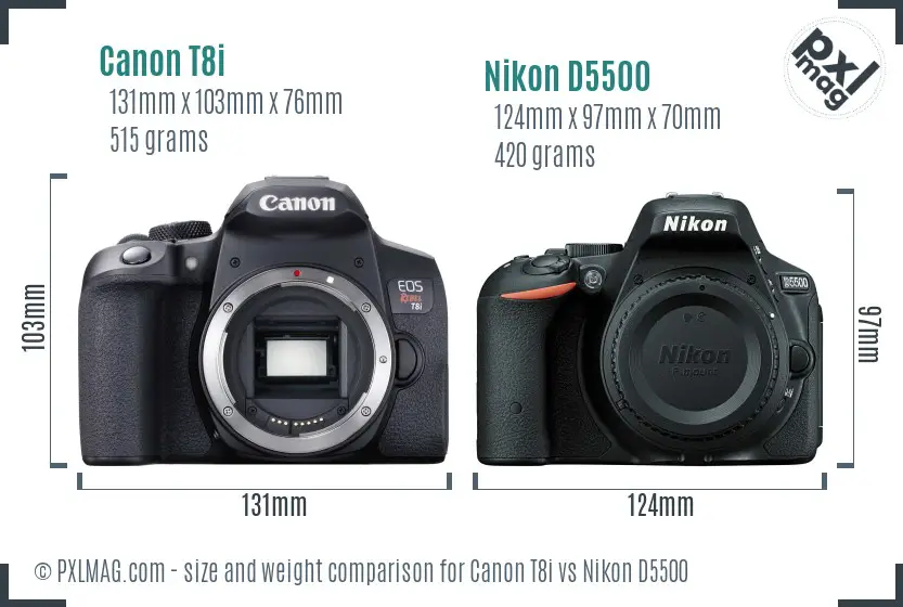 Canon T8i vs Nikon D5500 size comparison