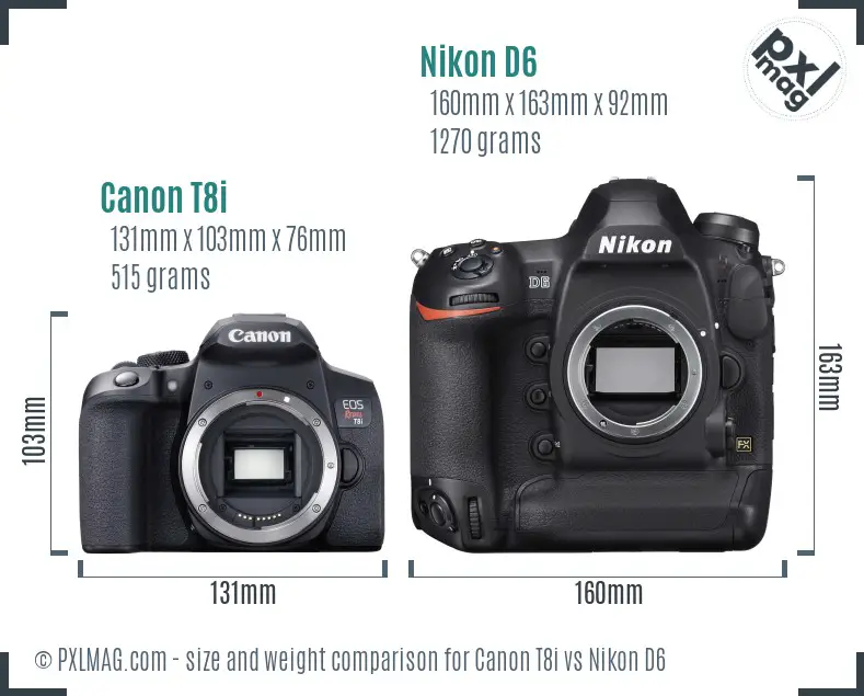 Canon T8i vs Nikon D6 size comparison