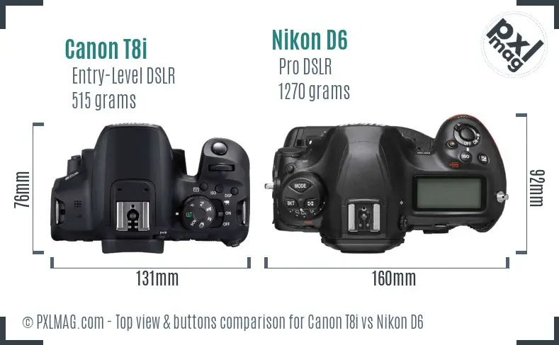 Canon T8i vs Nikon D6 top view buttons comparison