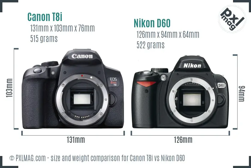 Canon T8i vs Nikon D60 size comparison