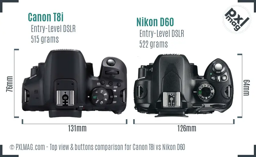 Canon T8i vs Nikon D60 top view buttons comparison