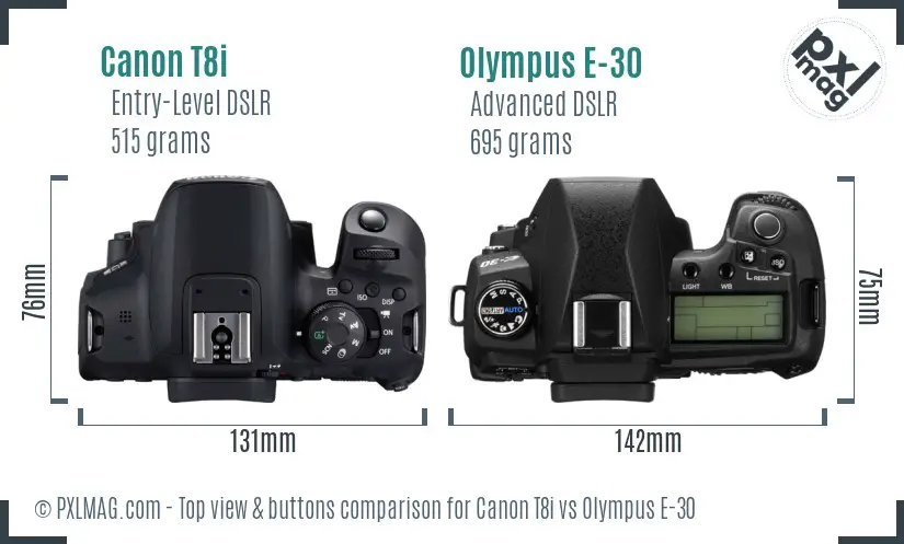 Canon T8i vs Olympus E-30 top view buttons comparison