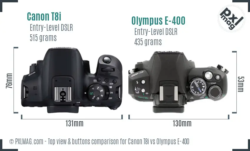 Canon T8i vs Olympus E-400 top view buttons comparison