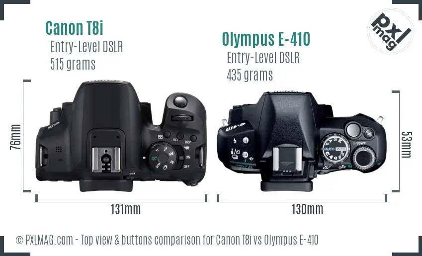 Canon T8i vs Olympus E-410 top view buttons comparison