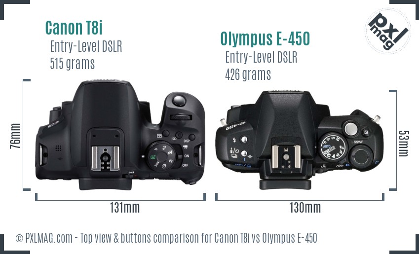 Canon T8i vs Olympus E-450 top view buttons comparison