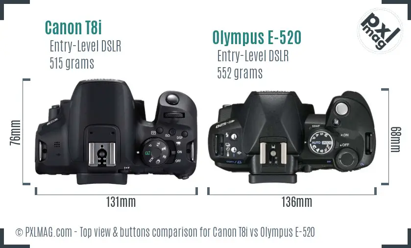 Canon T8i vs Olympus E-520 top view buttons comparison
