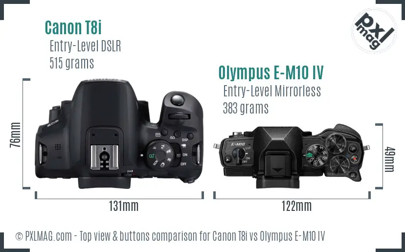 Canon T8i vs Olympus E-M10 IV top view buttons comparison