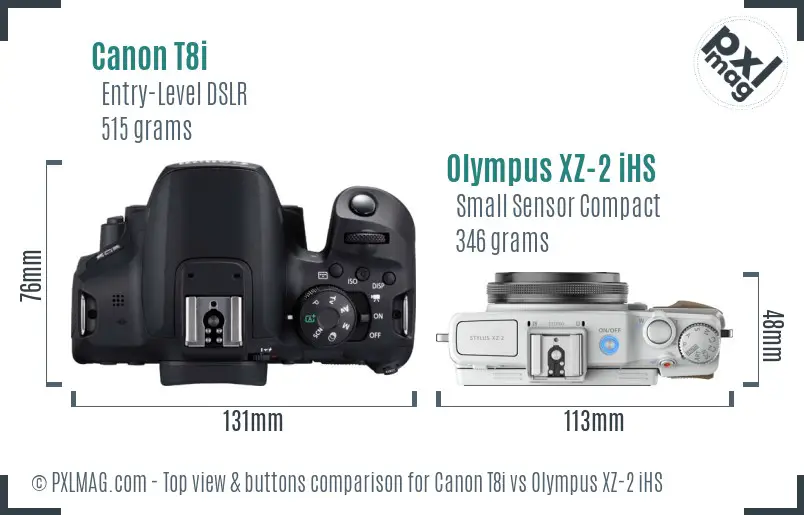 Canon T8i vs Olympus XZ-2 iHS top view buttons comparison