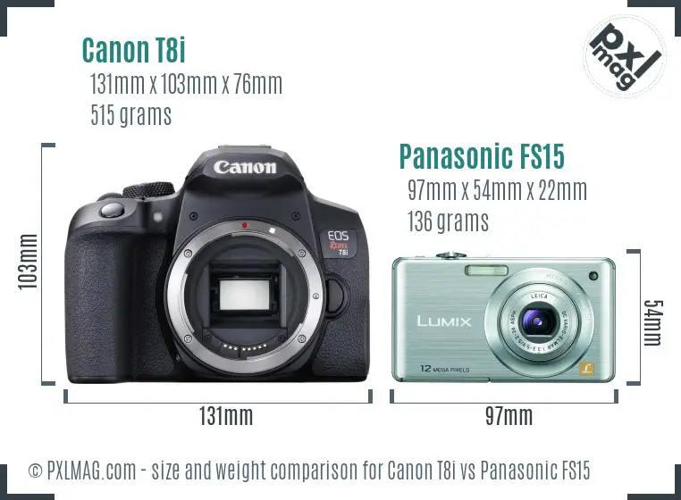 Canon T8i vs Panasonic FS15 size comparison