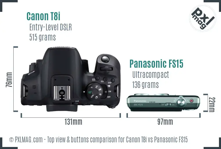 Canon T8i vs Panasonic FS15 top view buttons comparison