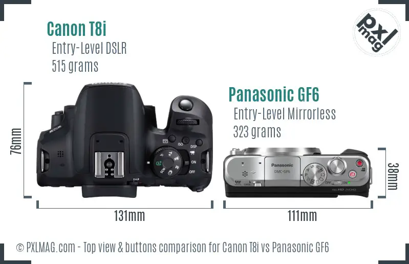 Canon T8i vs Panasonic GF6 top view buttons comparison