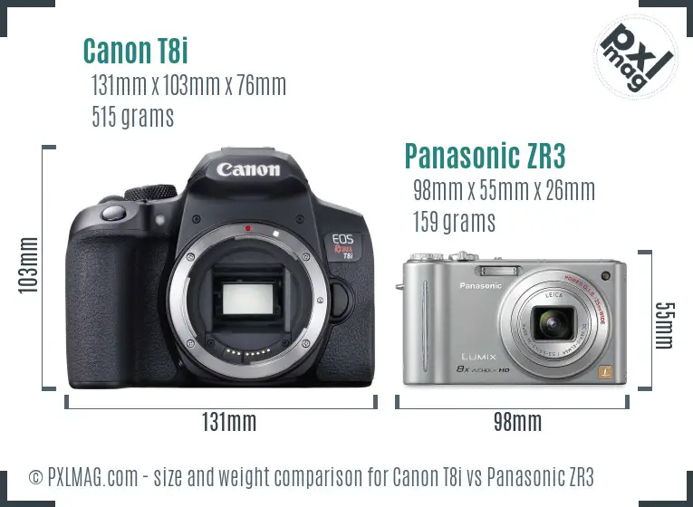 Canon T8i vs Panasonic ZR3 size comparison