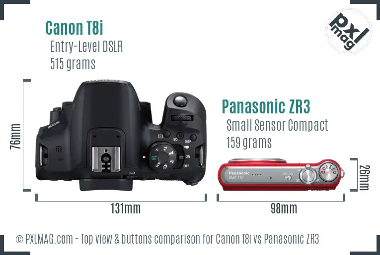 Canon T8i vs Panasonic ZR3 top view buttons comparison