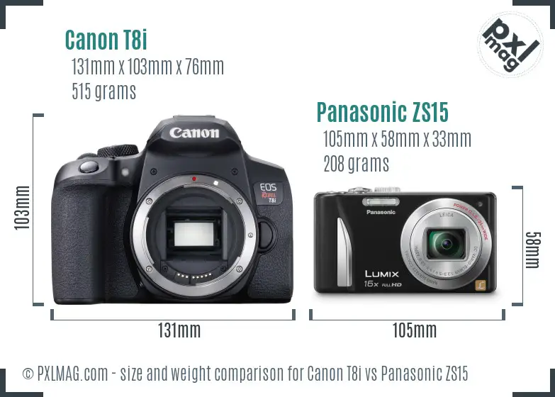 Canon T8i vs Panasonic ZS15 size comparison