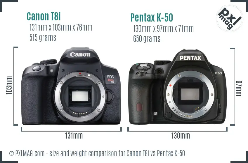 Canon T8i vs Pentax K-50 size comparison