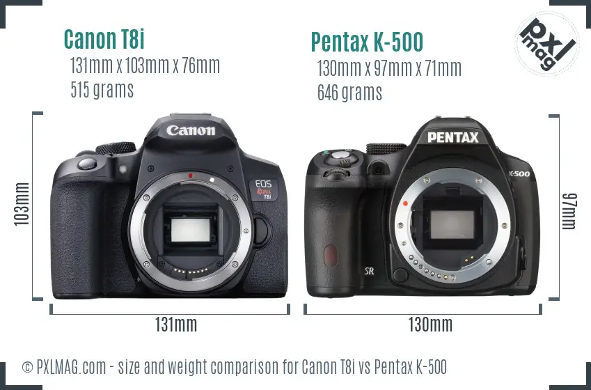 Canon T8i vs Pentax K-500 size comparison