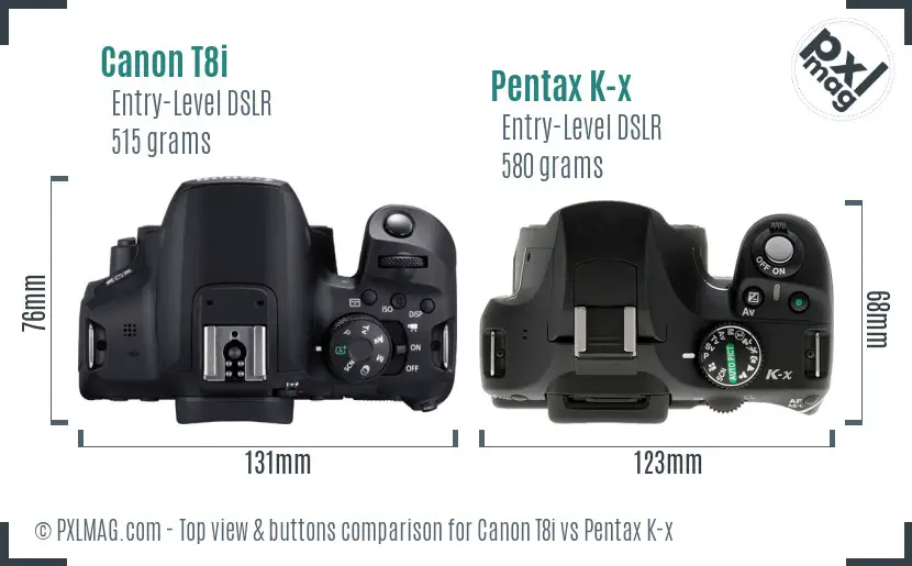 Canon T8i vs Pentax K-x top view buttons comparison