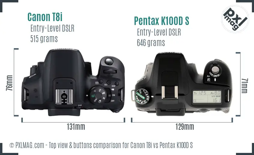 Canon T8i vs Pentax K100D S top view buttons comparison