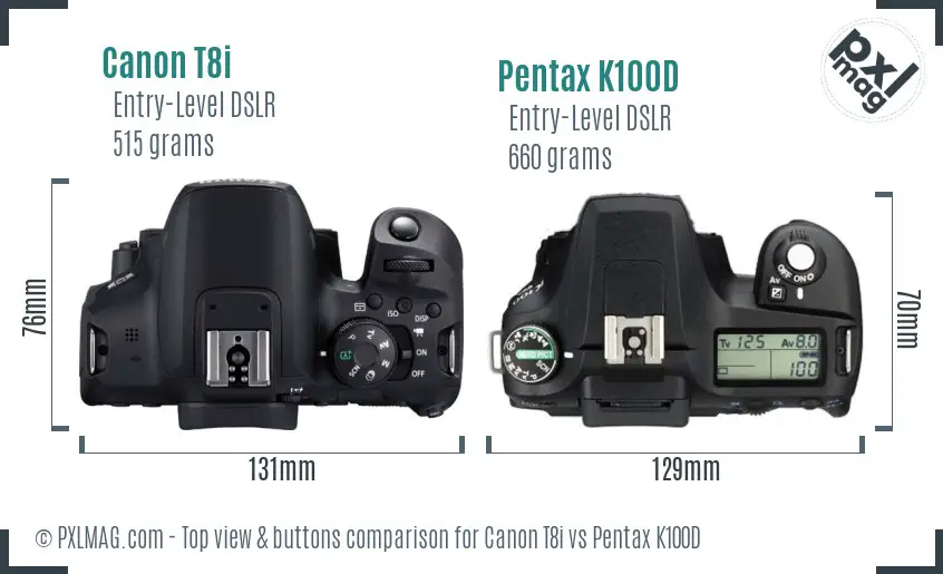 Canon T8i vs Pentax K100D top view buttons comparison