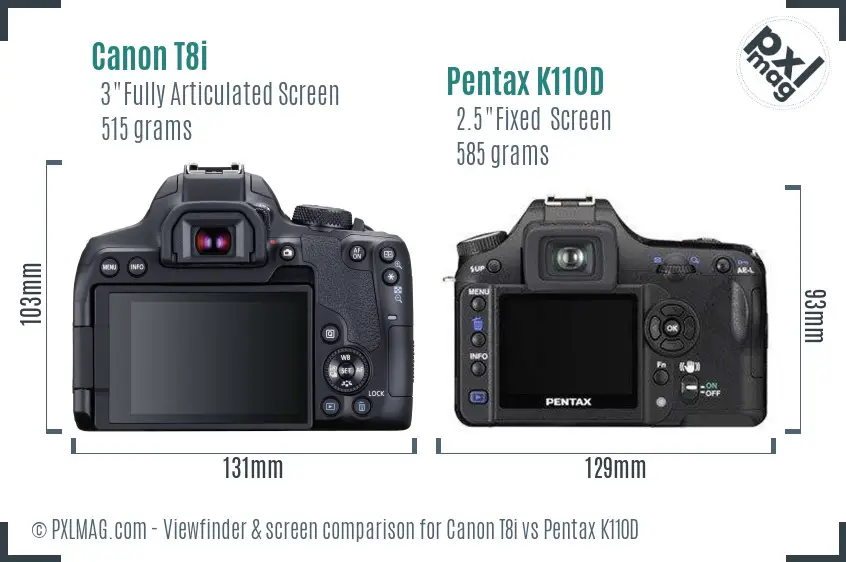 Canon T8i vs Pentax K110D Screen and Viewfinder comparison