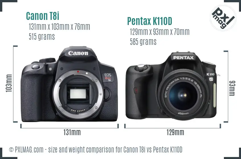 Canon T8i vs Pentax K110D size comparison
